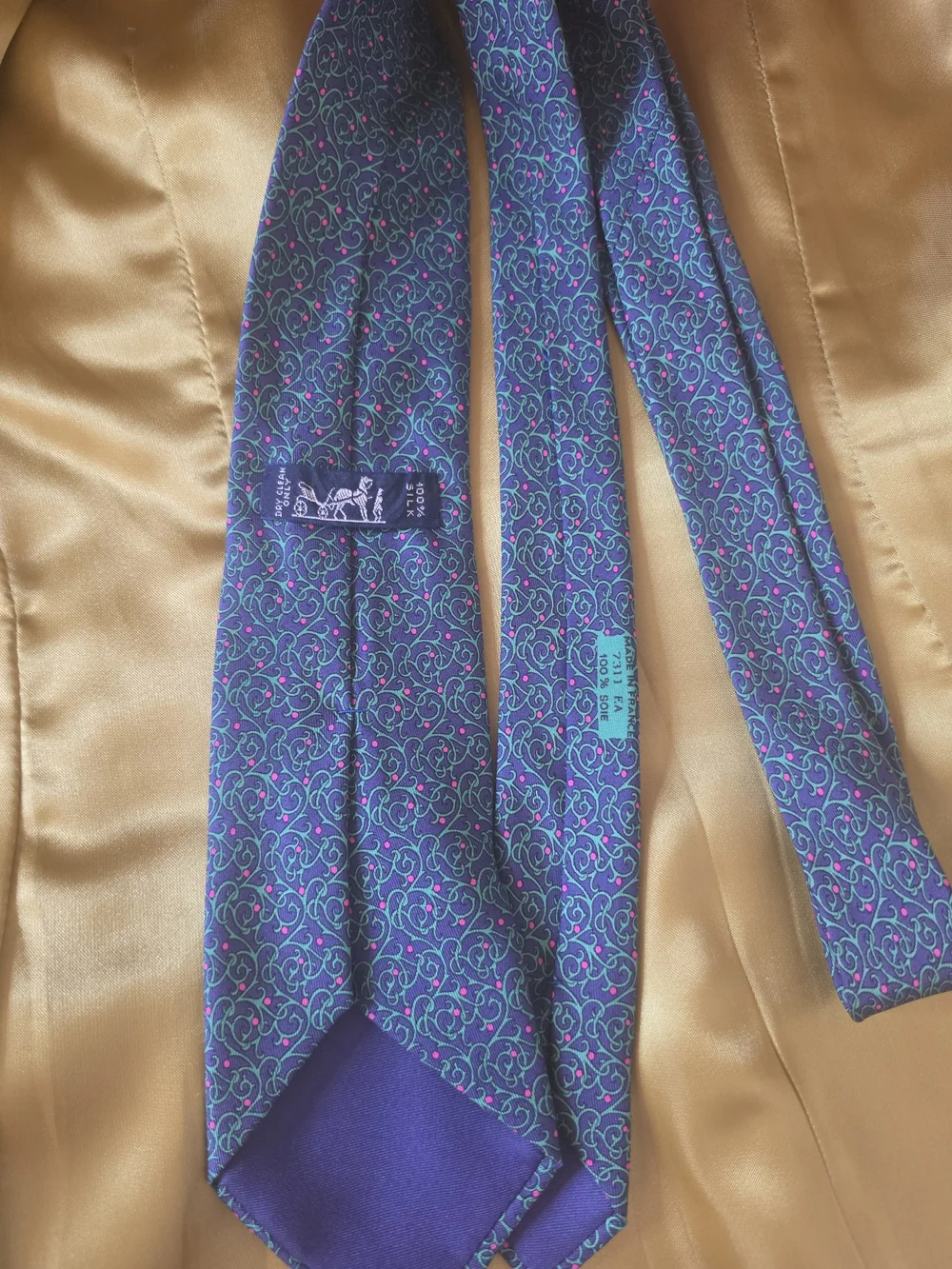 Hermes Blue and Pink Silk Tie with Teal Scroll Pattern